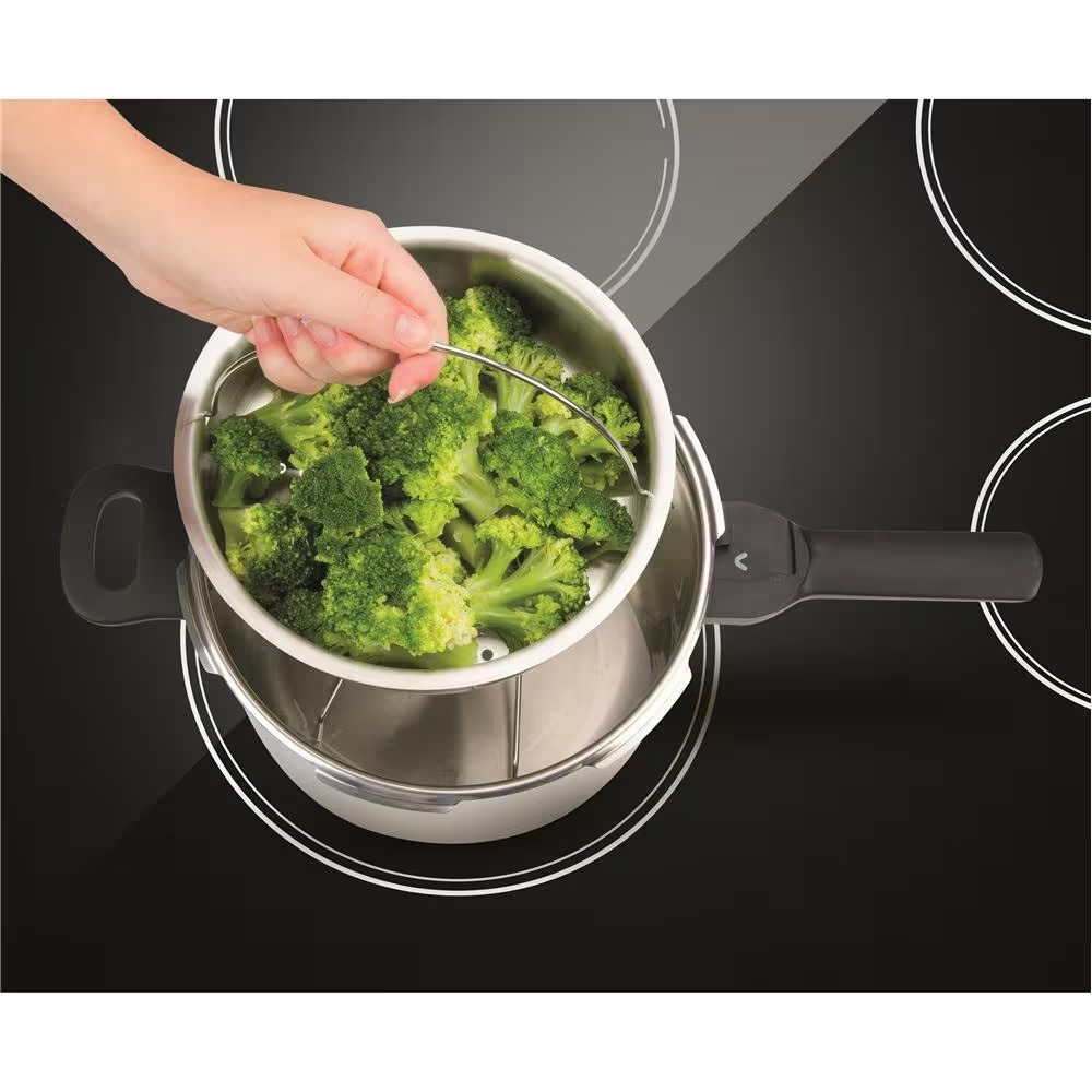 Panela de Pressão com Cesta 6L Rochedo em Aço Inox com Fundo Triplo Fechamento Externo 5 Sistemas de Segurança e Cesto de Vapor - Exclusivo