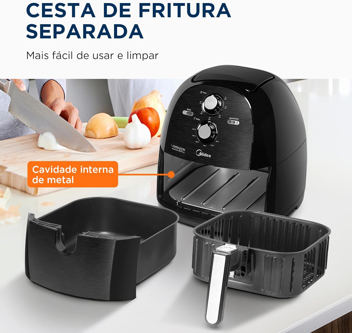 Fritadeira Airfryer Sem Óleo 5 3L 1700W Preto FRB50P Midea - Eficiente