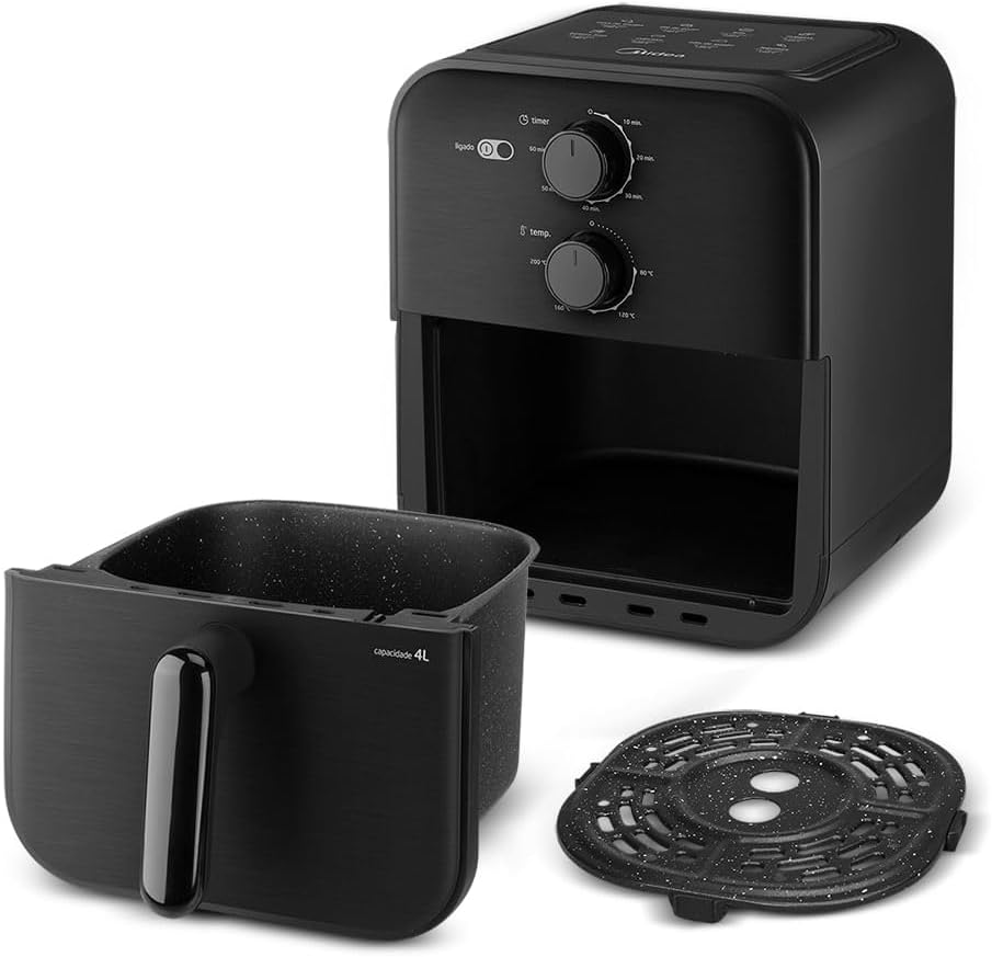 Fritadeira Sem Óleo Capacidade de 4L Midea 1400 W Aquece Em 10 60 min 80℃ a 200 ℃ Air Fryer Com Fluxo de Ar de 360° Fritadeira Eletrica Design Compacto Preto MAF400P0APK - Moderno