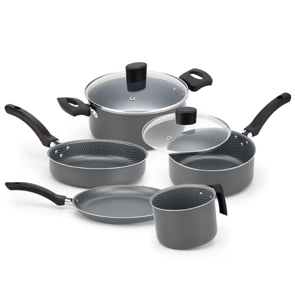 Conjunto de Panelas 5 Peças Alegrete Basic em Alumínio com Revestimento Antiaderente e Tampa de Vidro com Saída de Vapor Cinza - Elegante