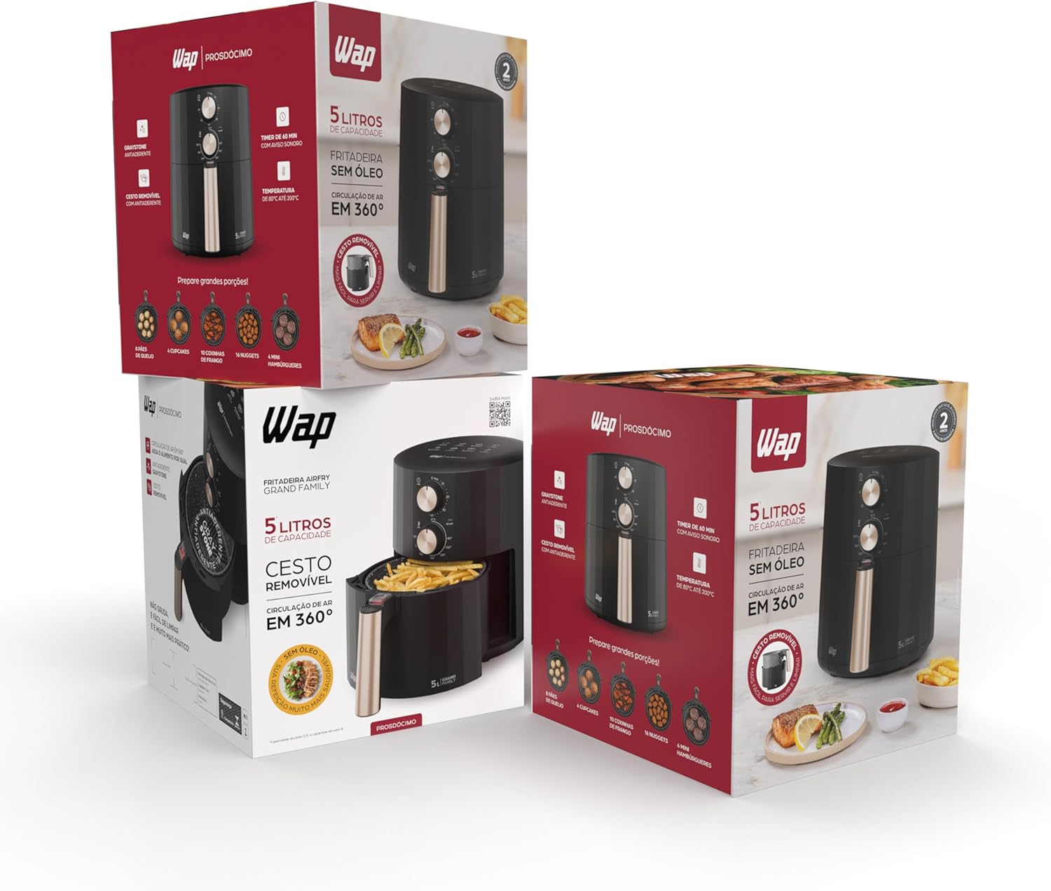 WAP Fritadeira Elétrica Air Fryer GRAND FAMILY 5 Litros Temperatura Ajustável Revestimento Antiaderente 1500W - Moderno