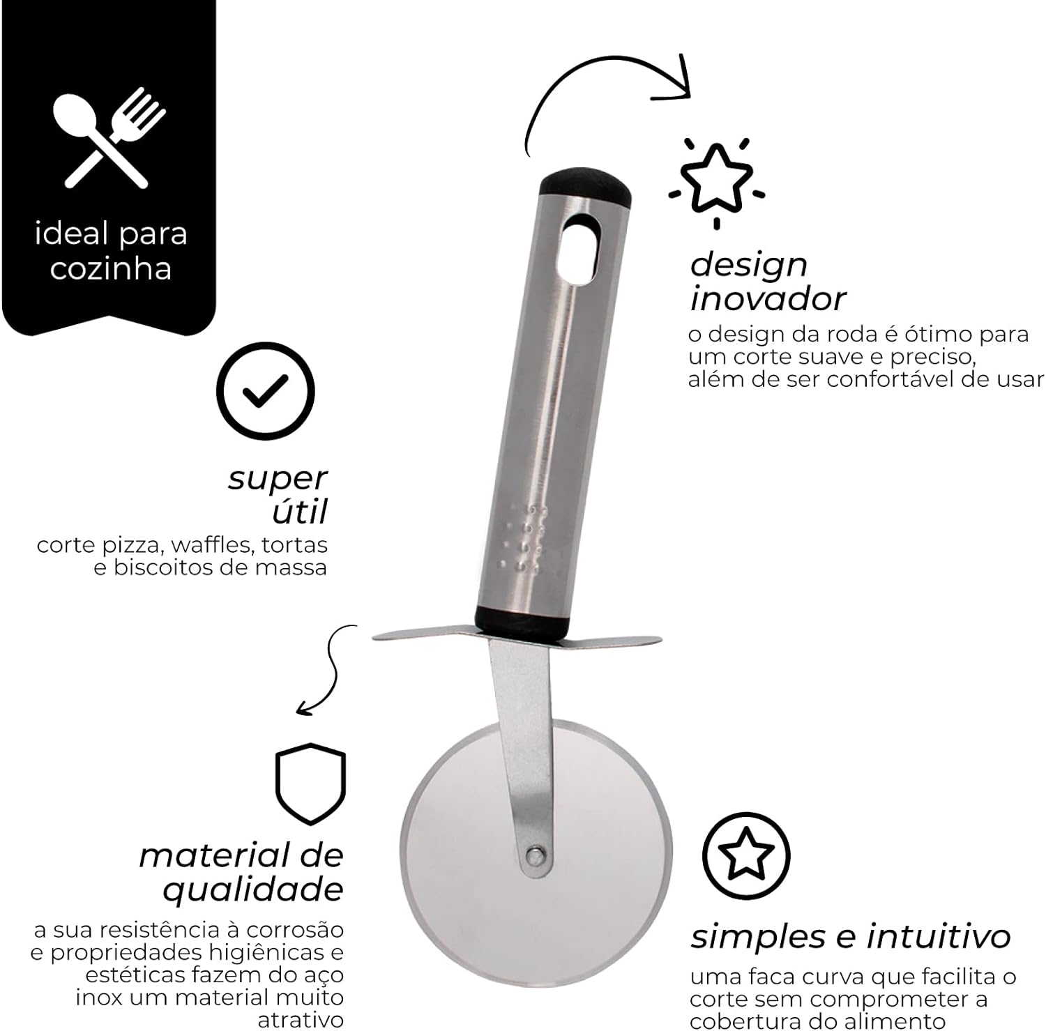 Mimo Style Cortador de Pizza Útil Para Cortar Também tortas Waffles e Biscoitos de Massa Material em Aço Inox - Premium