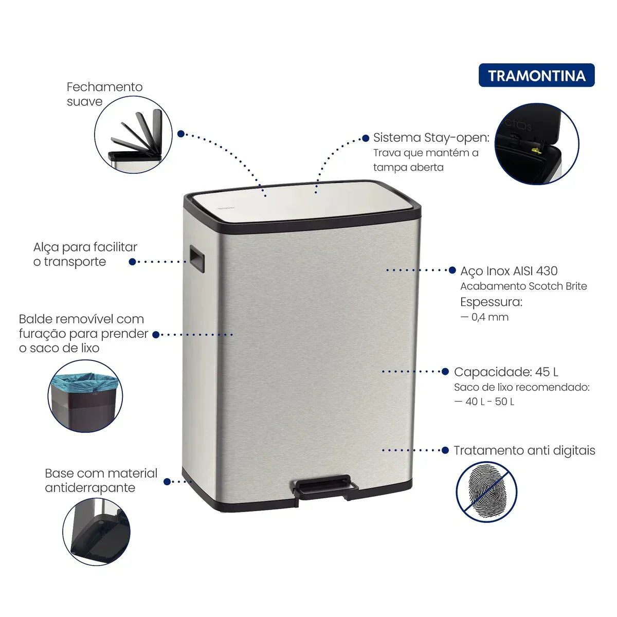 Lixeira Tramontina Octos em Aço Inox com Balde Removível e Pedal 45 L - Moderno