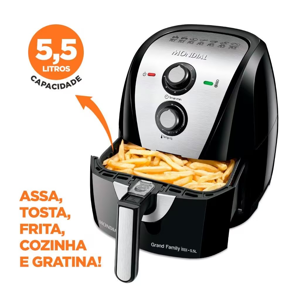 Fritadeira Elétrica Sem Óleo Air Fryer Mondial Grand Family AF 55I 5 5L – Preta/Inox - Elegante