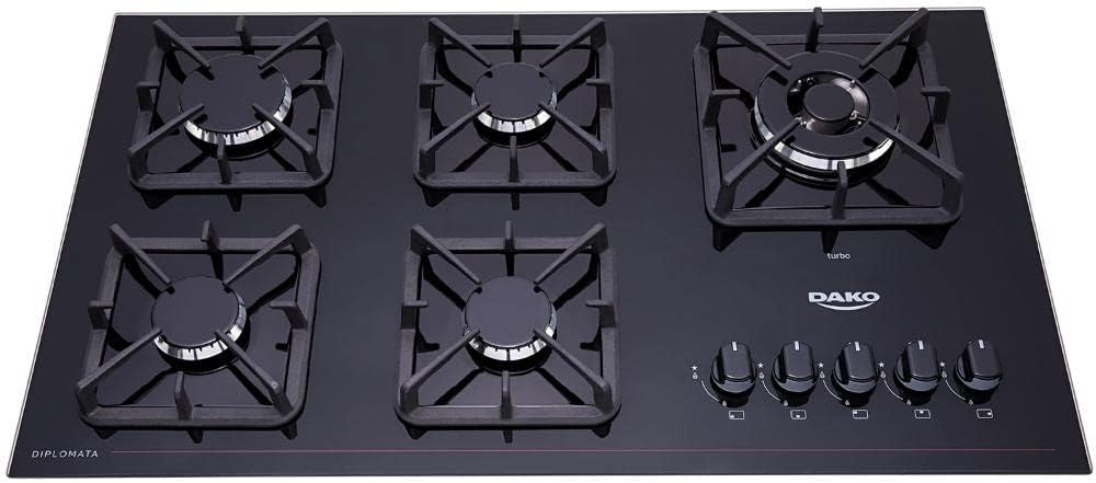 Cooktop a Gás 5 Bocas Preto com Mesa de Vidro e Tripla Chama Dako Diplomata Bivolt - Elegante