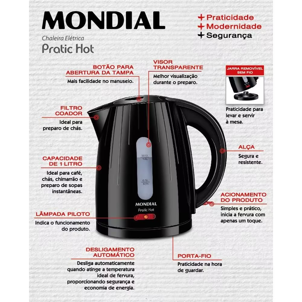 Chaleira Mondial Elétrica Pratic Hot com Capacidade 1 Litro CE 07 Preta - Moderno