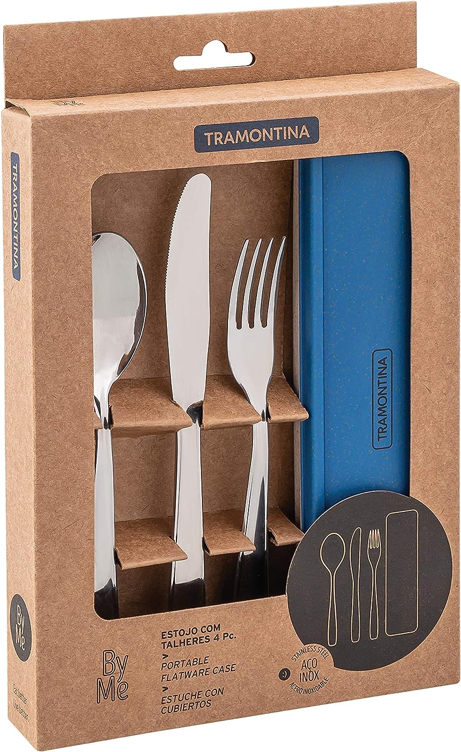 Conjunto Talher Aco Inox Com Estojo Tampa Azul Tramontina - Elegante