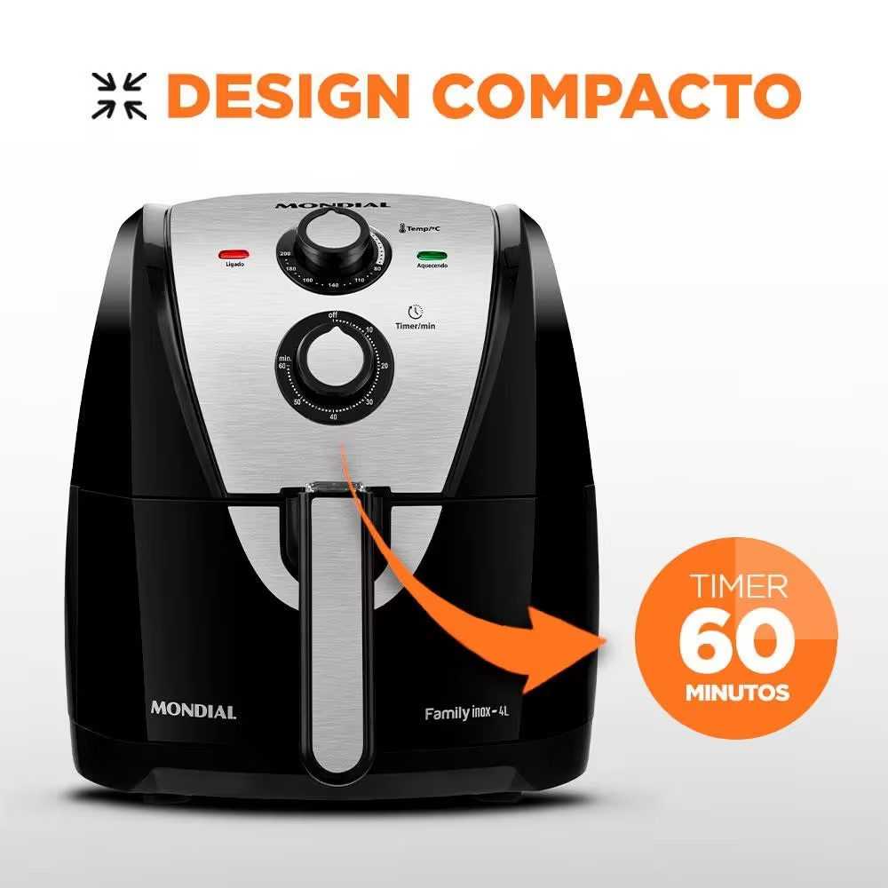 Fritadeira Elétrica Sem Óleo Air Fryer Mondial AFN40BI Family Inox 4L Preta/Inox - Eficiente