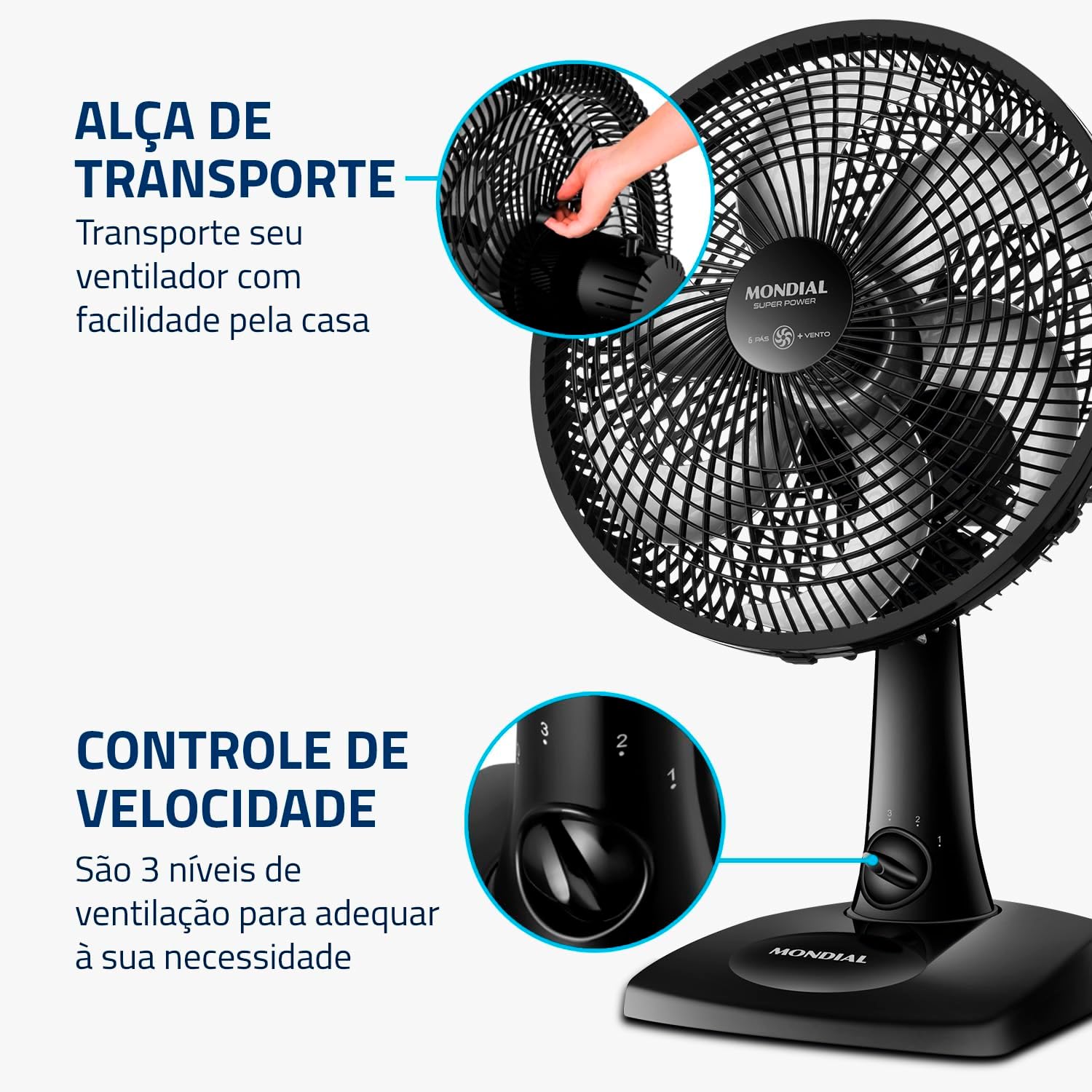 Ventilador de Mesa MONDIAL 110V 30cm 6 pás Super Power VSP 30 B - Elegante