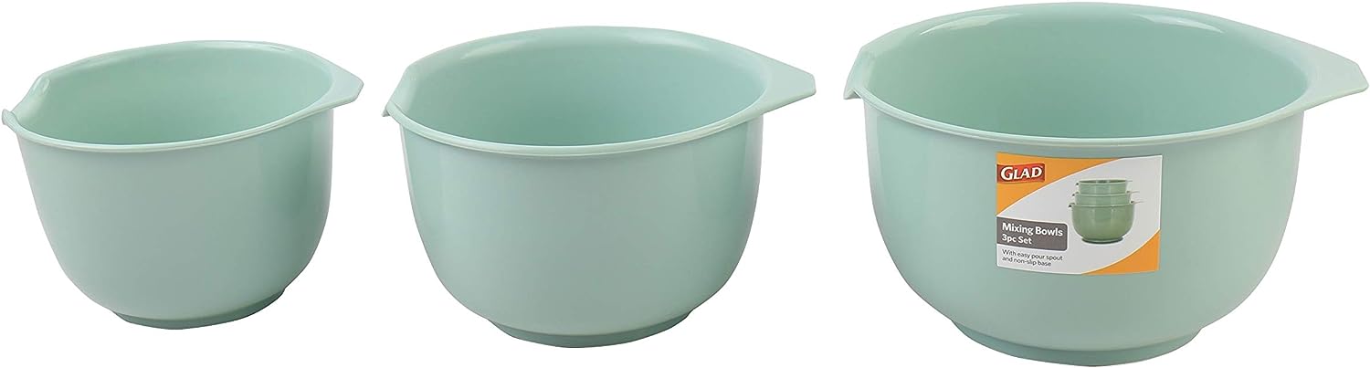Tigelas Glad de mistura com bico de despejo conjunto de 3 | Design de encaixe poupa espaço | Antiderrapante livre de BPA pode ir à lava louças | Utensílios de cozinha e assar Verde - Versátil
