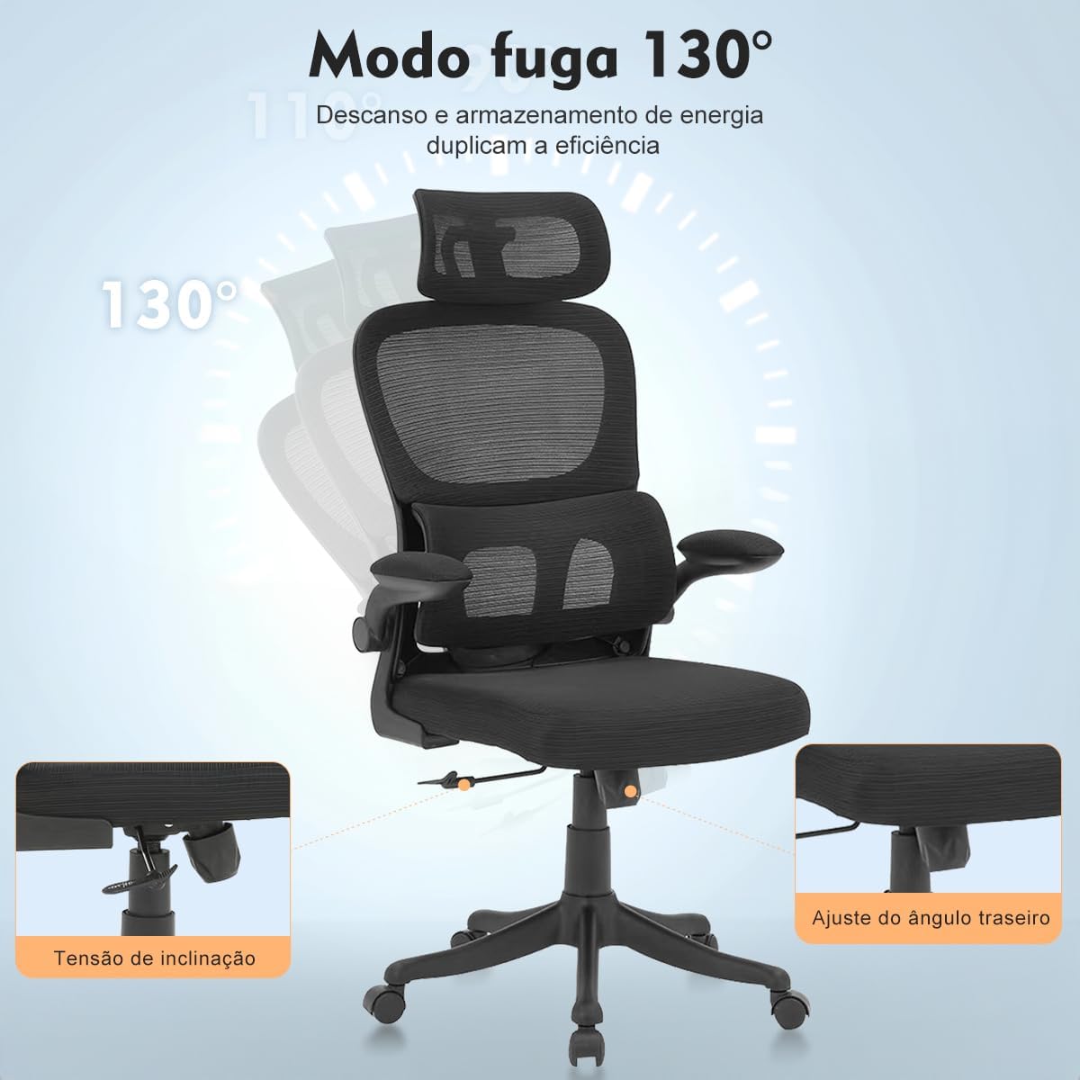 Cadeira de escritório design ergonômico com suporte lombar independente malha respirável e encosto de cabeça ajustável - Elegante