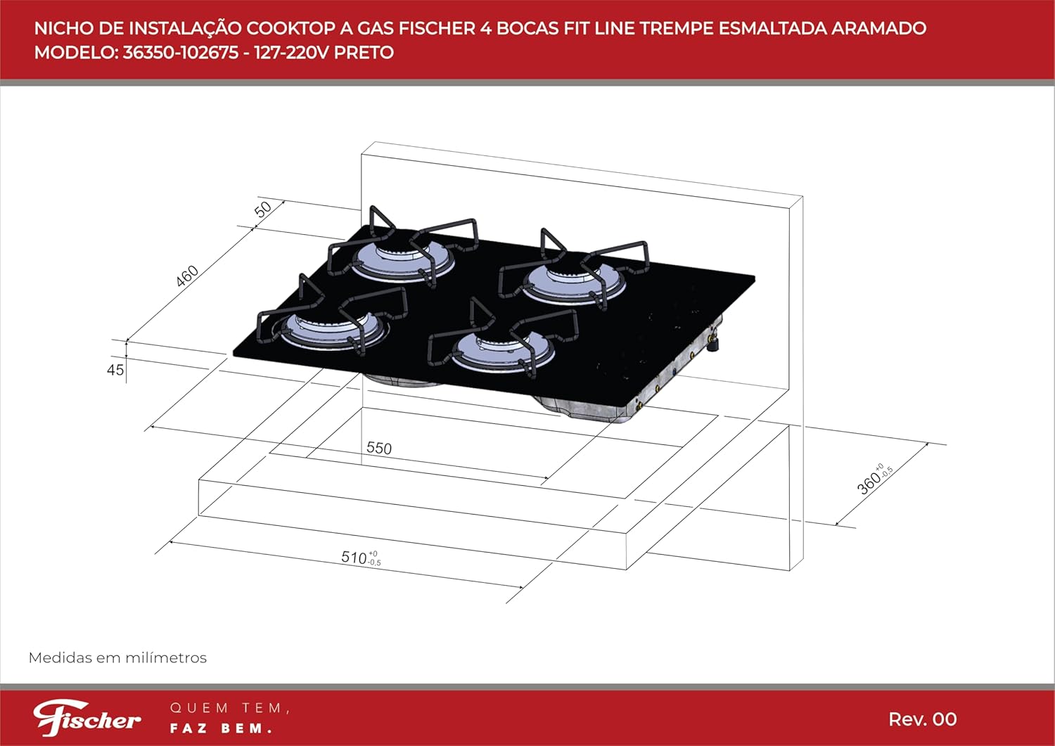 Fischer Cooktop à Gás 4 Bocas Fit Line - Elegante