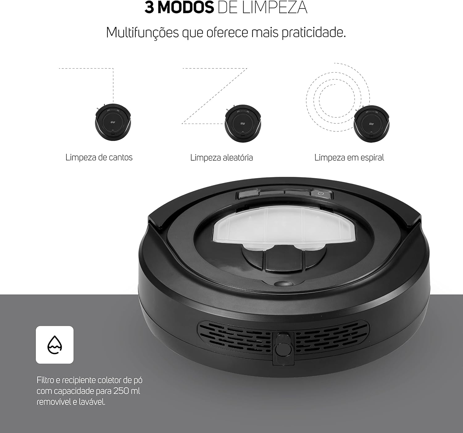 WAP Aspirador de Pó Robô ROBOT W90 3 em 1 Automático 250ml Sistema Antiqueda e Rodas Emborrachadas 30W 3 6VDC Bivolt - Premium
