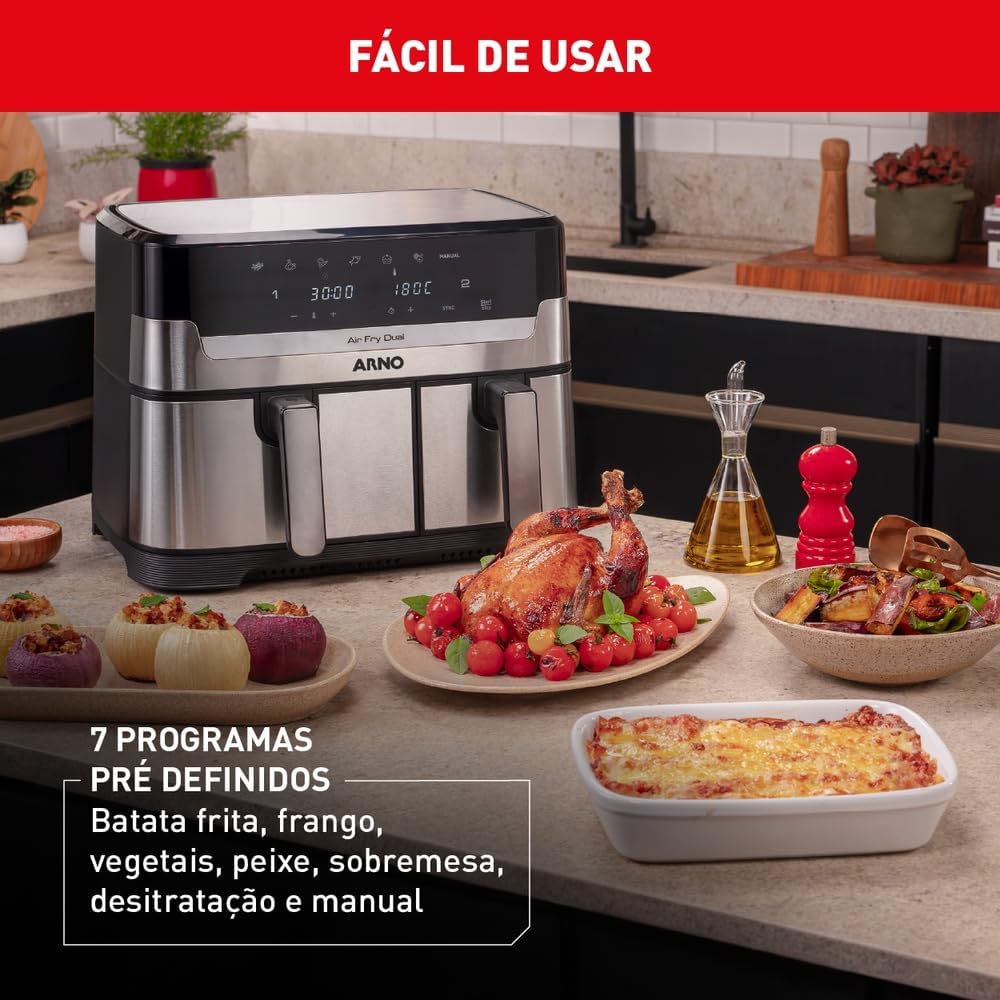 Fritadeira Sem Óleo Air Fryer Arno Dual 8 3L AFD2 Cestos Duplos Independentes Função SYNC Painel Digital Inox 1800W - Premium