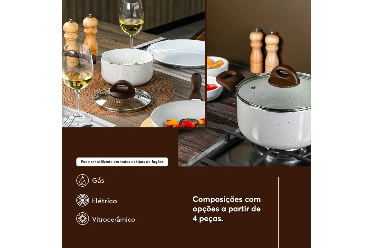 Conjunto de Panelas Brinox 6 Peças Ceramic Life Smart Plus com Revestimento Antiaderente Cerâmico e Tampa de Vidro com Saída de Vapor 2.5 mm Vanilla - Completo