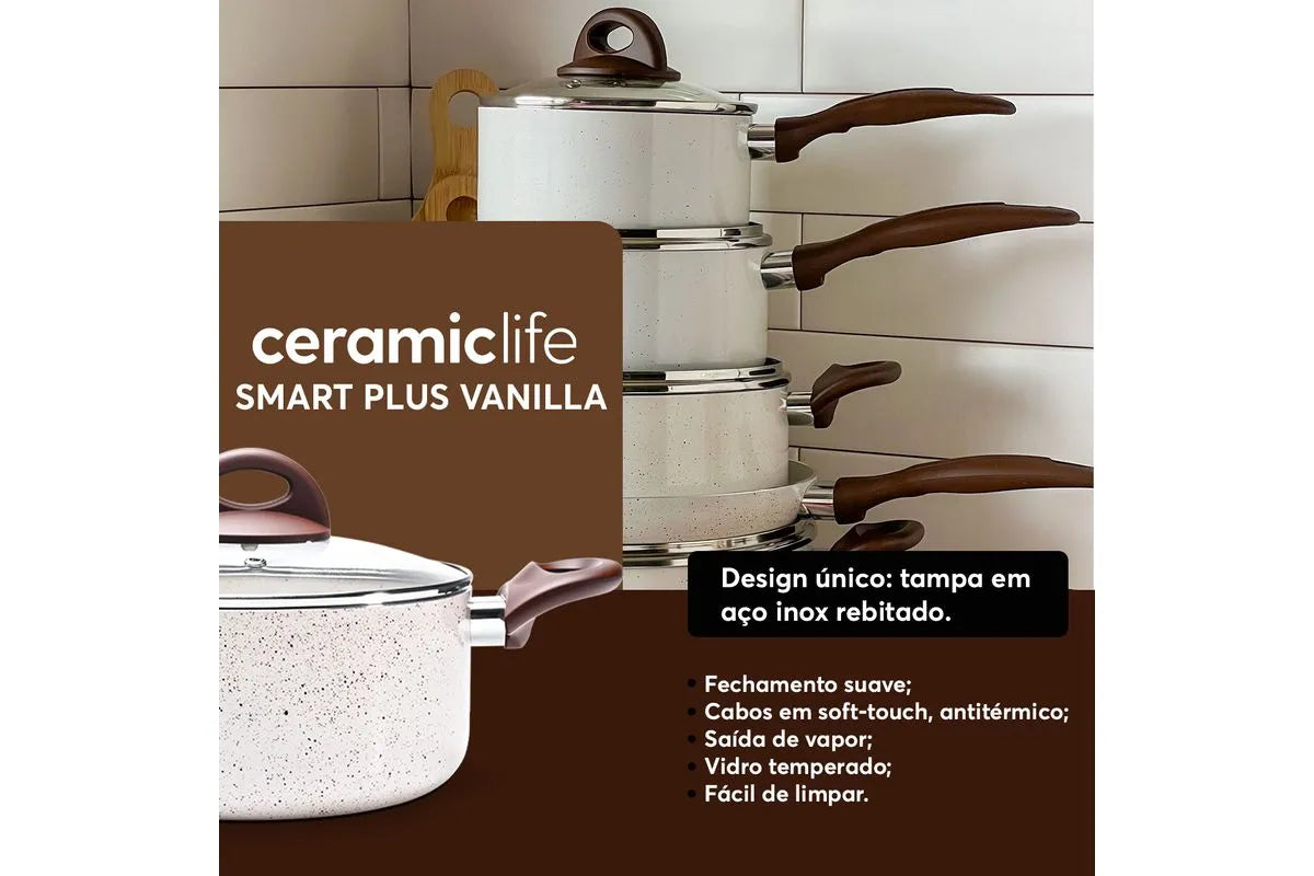 Conjunto de Panelas Brinox 6 Peças Ceramic Life Smart Plus com Revestimento Antiaderente Cerâmico e Tampa de Vidro com Saída de Vapor 2.5 mm Vanilla - Completo