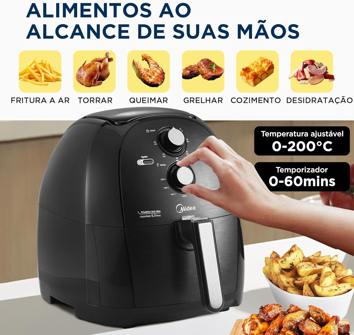 Fritadeira Airfryer Sem Óleo 5 3L 1700W Preto FRB50P Midea - Eficiente
