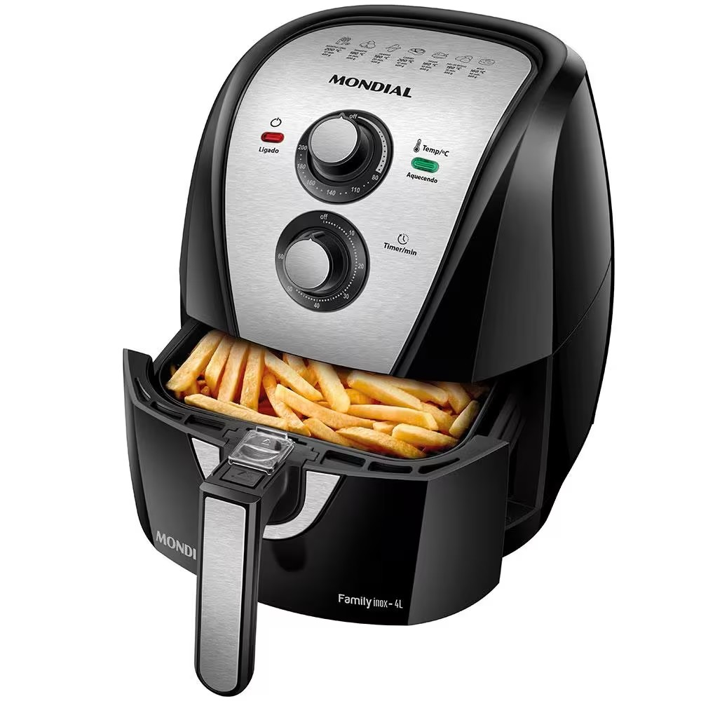 Fritadeira Elétrica Sem Óleo Air Fryer Mondial AFN40BI Family Inox 4L Preta/Inox - Eficiente