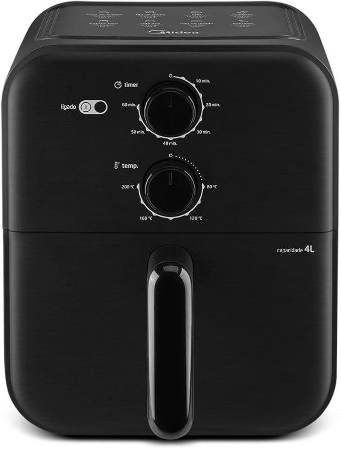 Fritadeira Sem Óleo Capacidade de 4L Midea 1400 W Aquece Em 10 60 min 80℃ a 200 ℃ Air Fryer Com Fluxo de Ar de 360° Fritadeira Eletrica Design Compacto Preto MAF400P0APK - Moderno
