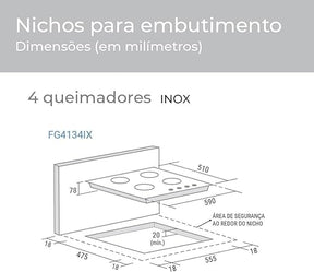 Suggar Cooktop a gás 4 bocas mesa em aço inox tripla chama lateral bivolt FG4134IX - Elegante