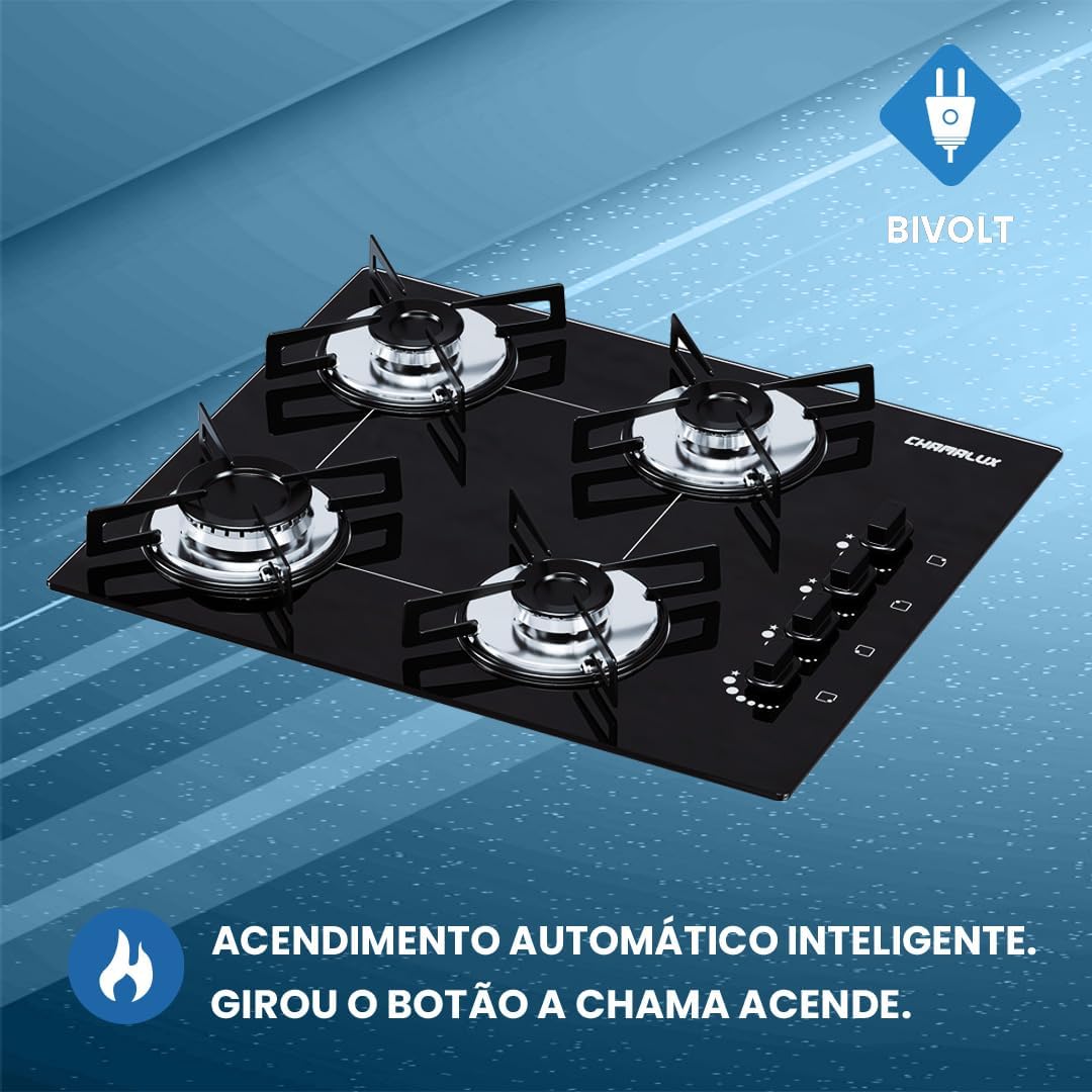 Cooktop 4 bocas Chamalux ultra chama Bivolt Trempe de Chapa Preto - Elegante