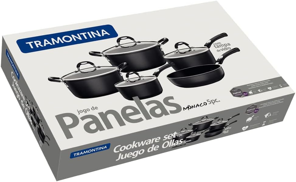 Jogo de Panelas de Alumínio com Revestimento Interno de Antiaderente 5 Peças Tramontina Mônaco Preto - Premium