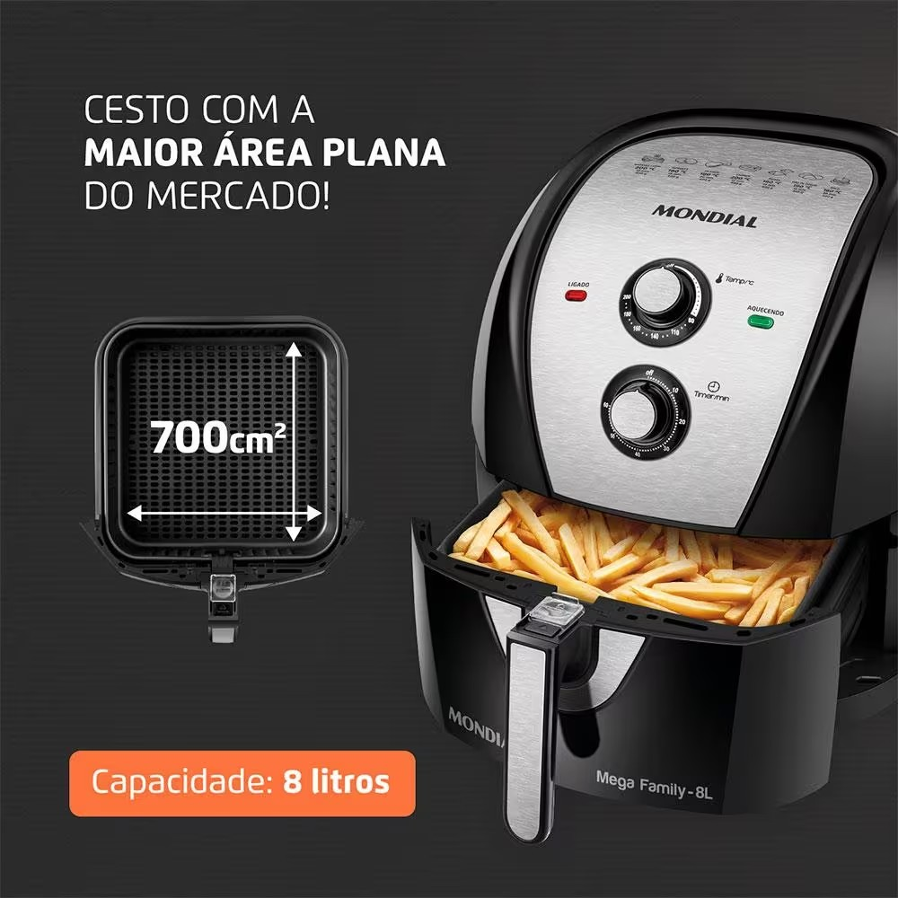 Fritadeira Elétrica Sem Óleo Air Fryer Mondial Mega Family AFN 80 BI 8L – Preta/Inox - Elegante