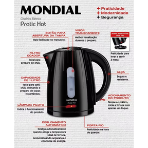 Chaleira Mondial Elétrica Pratic Hot com Capacidade 1 Litro CE 07 Preta - Moderno