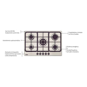 Cooktop a Gás Tramontina Penta FF 5GX Tri 75 em Aço Inox e Trempes em Ferro Fundido com Acendimento Superautomático 5 Queimadores - Eficiente