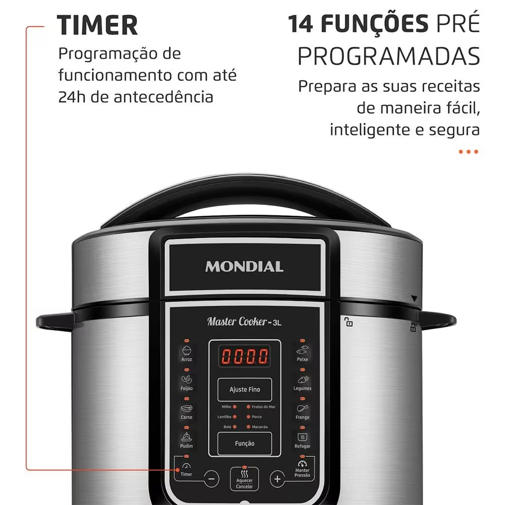 Panela Elétrica de Pressão Mondial Digital Master Cooker PE 40 3L Preta/Inox - Alta Performance