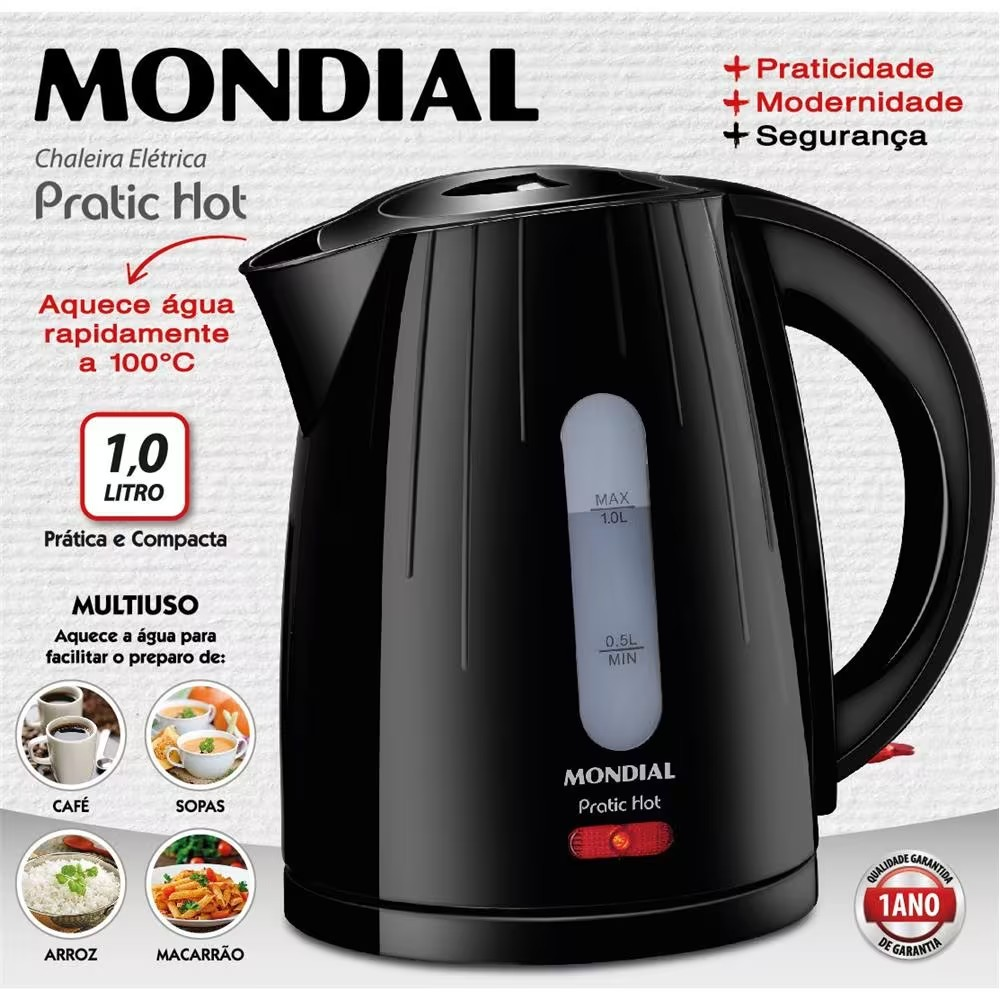 Chaleira Mondial Elétrica Pratic Hot com Capacidade 1 Litro CE 07 Preta - Moderno