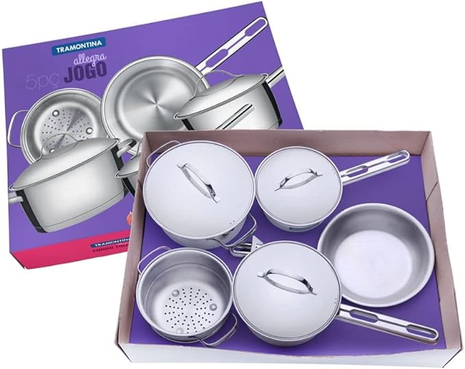 Jogo de Panelas com Fundo Triplo 5 Peças Tramontina Inox + Pegador de Massa - Alta Performance