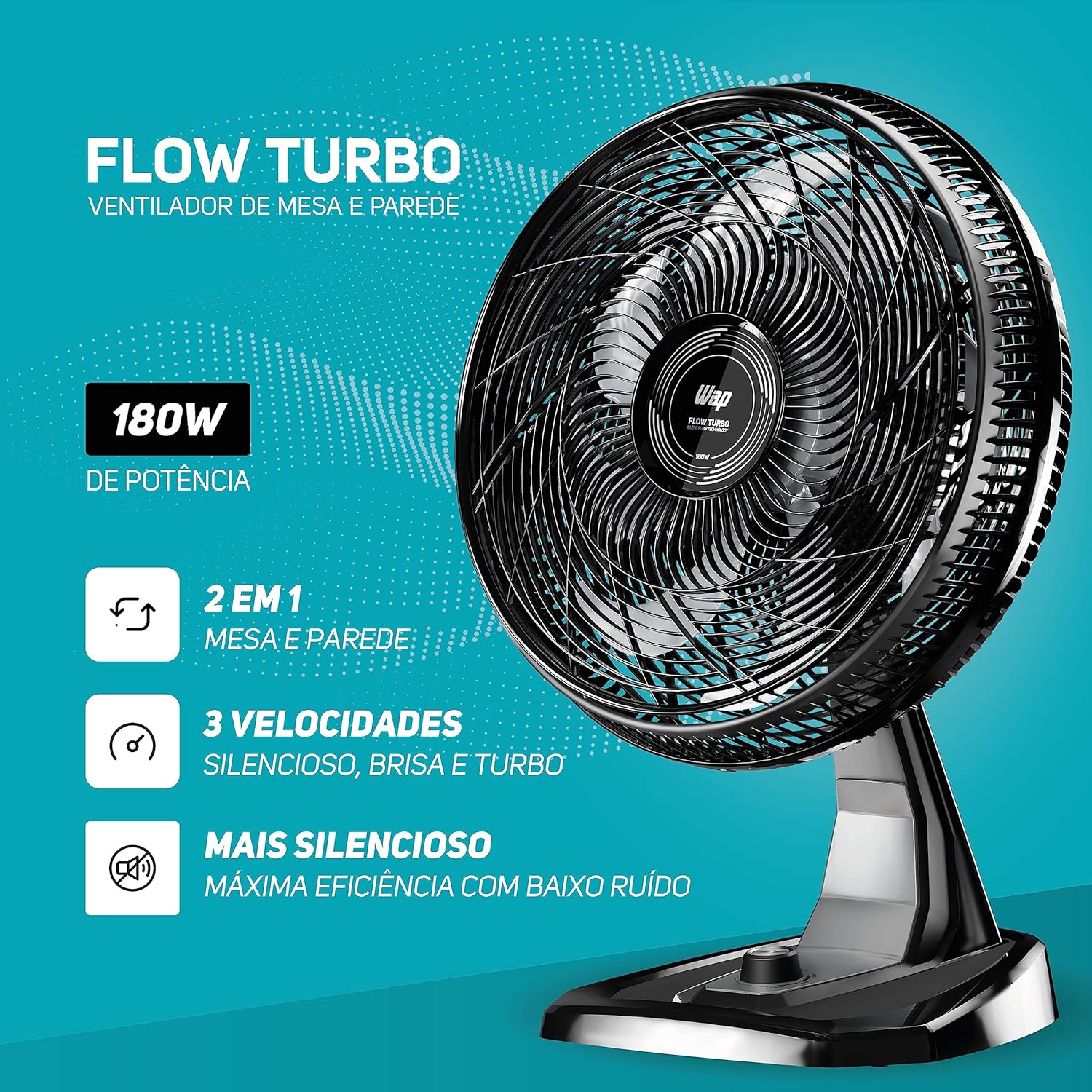 WAP Ventilador de Mesa e Parede 50cm FLOW TURBO com Tecnologia Silenciosa e Econômica 8 Pás e 3 Velocidades 180W - Premium