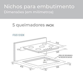 Suggar Cooktop a Gás 5 Bocas Mesa em Aço Inox Tripla Chama Central Bivolt FG5135IX - Premium