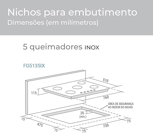 Suggar Cooktop a Gás 5 Bocas Mesa em Aço Inox Tripla Chama Central Bivolt FG5135IX - Premium