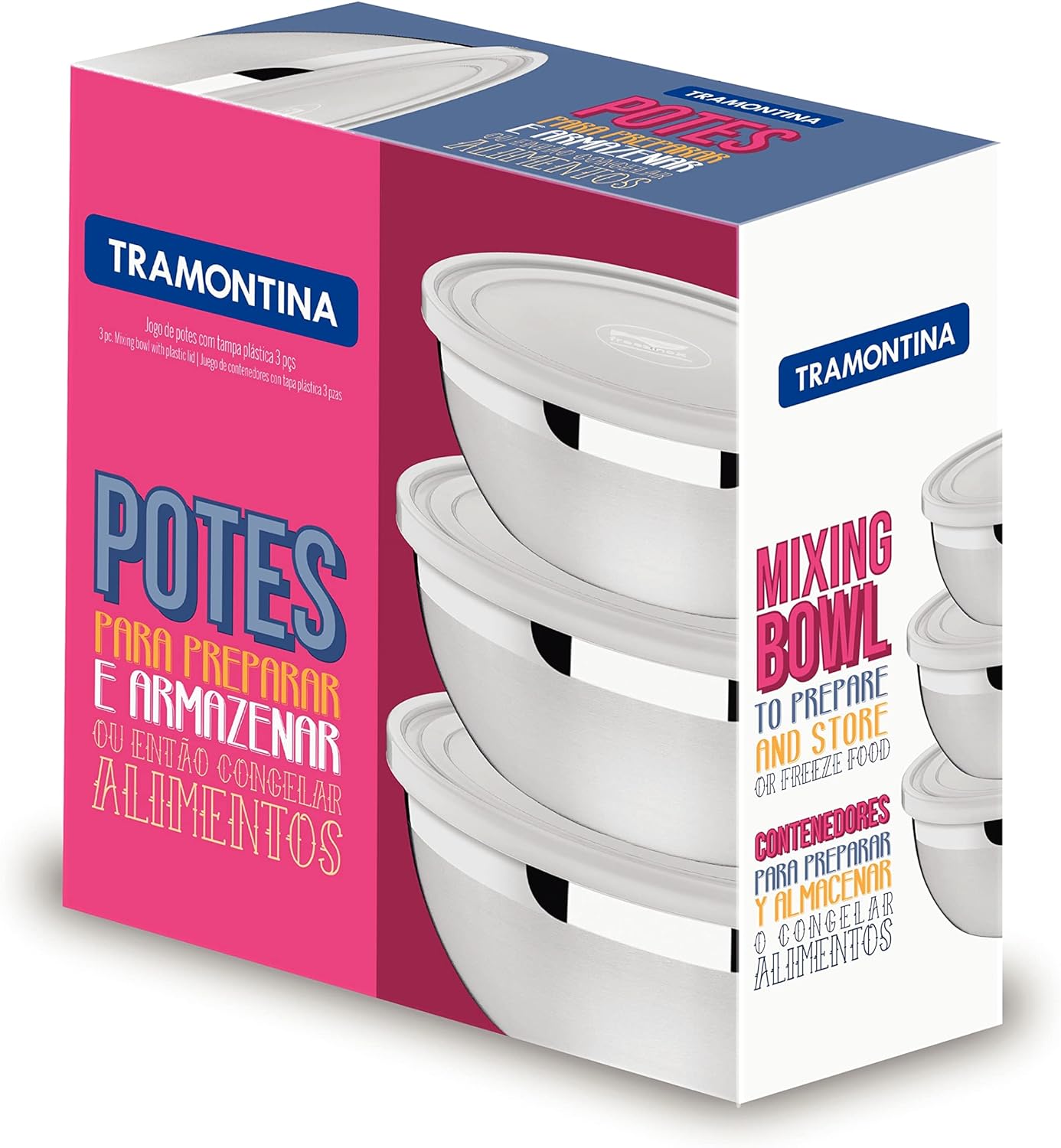 Tramontina Freezinox 64220210 Conjunto de 3 Recipientes de Aço Inoxidável com Tampas de Plástico Prata - Premium