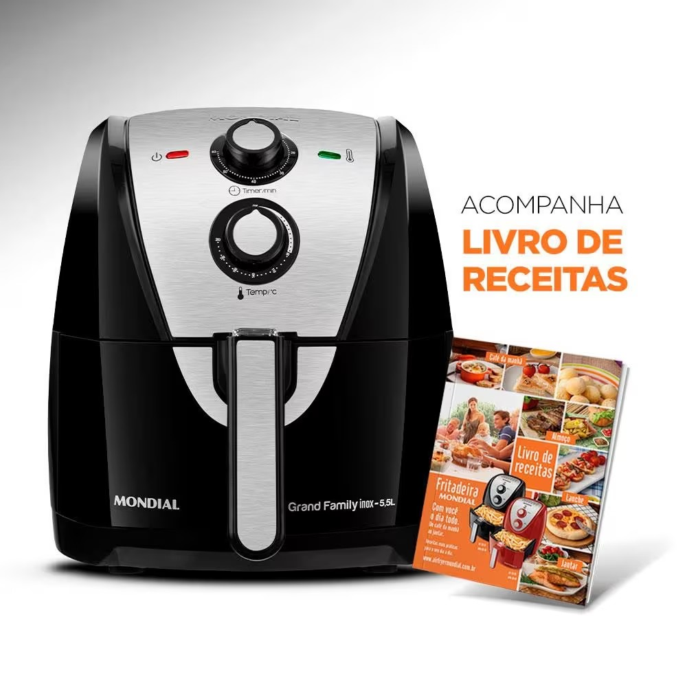 Fritadeira Elétrica Sem Óleo Air Fryer Mondial Grand Family AF 55I 5 5L – Preta/Inox - Elegante