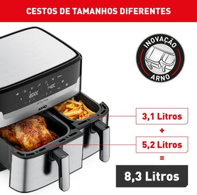 Fritadeira Sem Óleo Air Fryer Arno Dual 8 3L AFD2 Cestos Duplos Independentes Função SYNC Painel Digital Inox 1800W - Premium