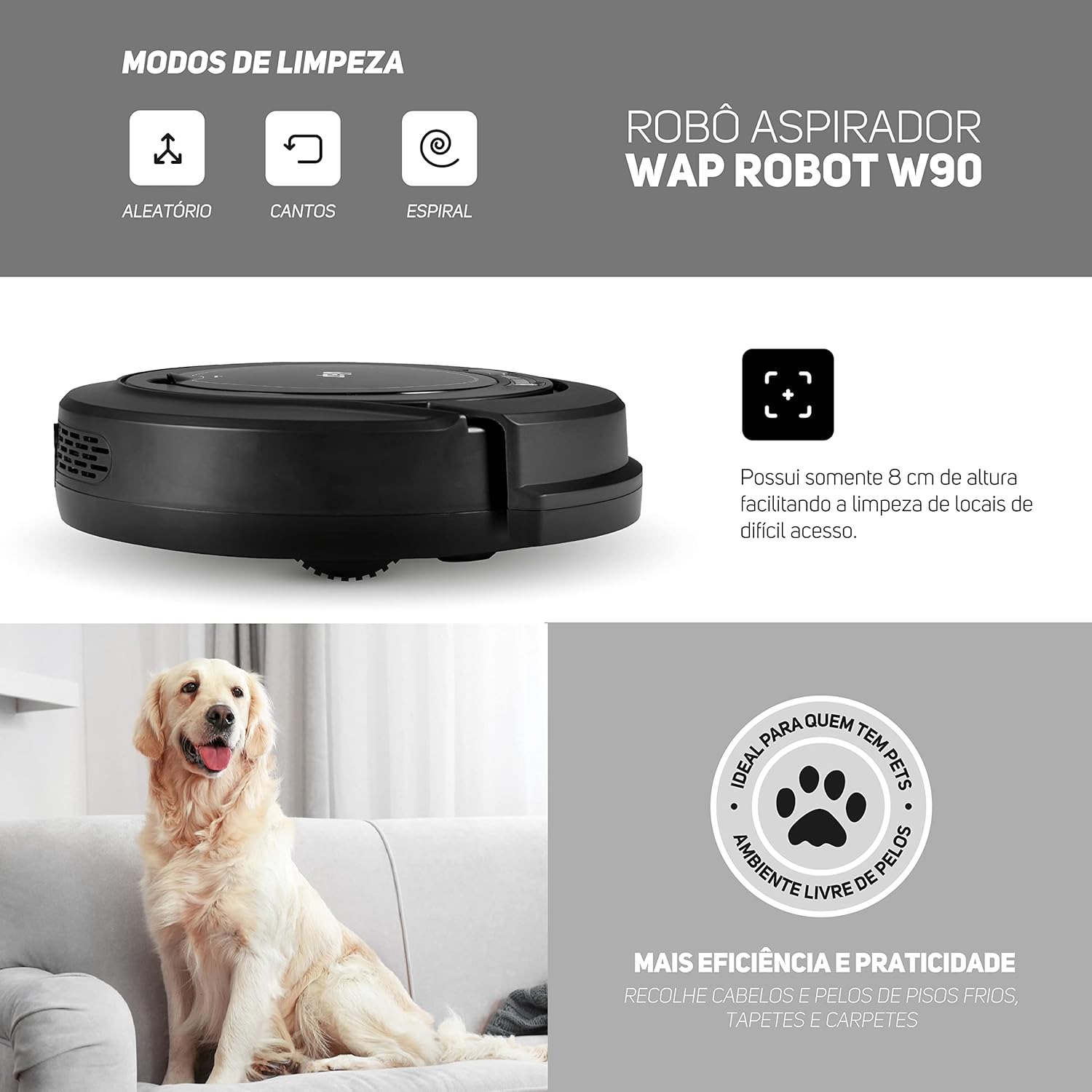 WAP Aspirador de Pó Robô ROBOT W90 3 em 1 Automático 250ml Sistema Antiqueda e Rodas Emborrachadas 30W 3 6VDC Bivolt - Premium