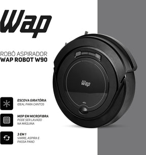 WAP Aspirador de Pó Robô ROBOT W90 3 em 1 Automático 250ml Sistema Antiqueda e Rodas Emborrachadas 30W 3 6VDC Bivolt - Premium