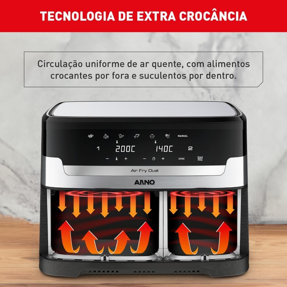 Fritadeira Sem Óleo Air Fryer Arno Dual 8 3L AFD2 Cestos Duplos Independentes Função SYNC Painel Digital Inox 1800W - Premium