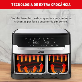 Fritadeira Sem Óleo Air Fryer Arno Dual 8 3L AFD2 Cestos Duplos Independentes Função SYNC Painel Digital Inox 1800W - Premium