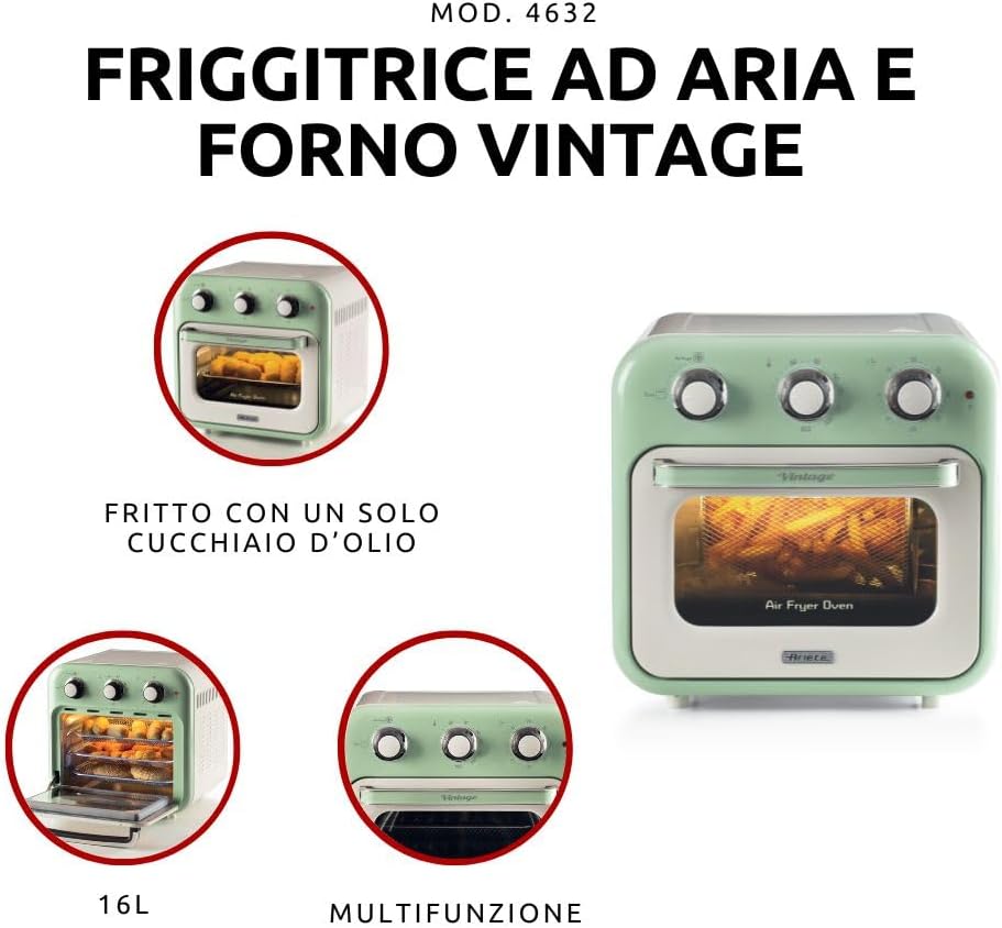 Ariete 4632 Fritadeira 2 em 1 Air Fryer e Forno Elétrico Vintage Verde Capacidade de 16 Litros 1400 Wats Porta Transparente - Moderno