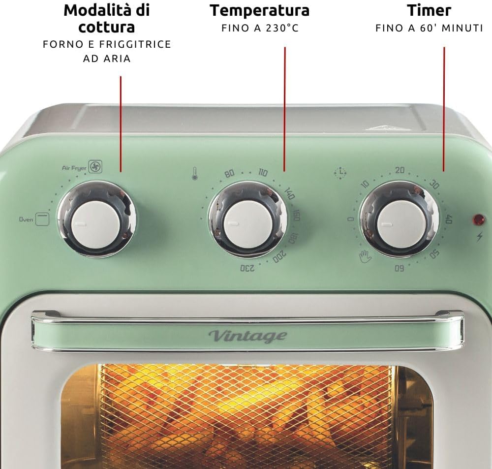 Ariete 4632 Fritadeira 2 em 1 Air Fryer e Forno Elétrico Vintage Verde Capacidade de 16 Litros 1400 Wats Porta Transparente - Moderno