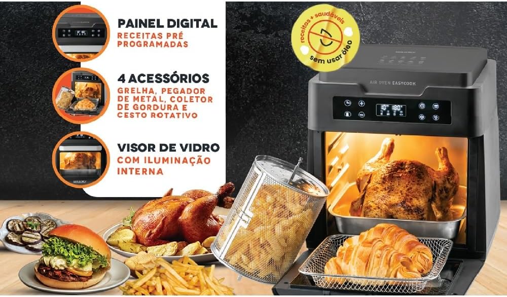 Fritadeira Air Oven Easycook Mallory 1500W Com12 Litros Painel de LED Visor de Vidro e Luz Interna Multi função - Moderno