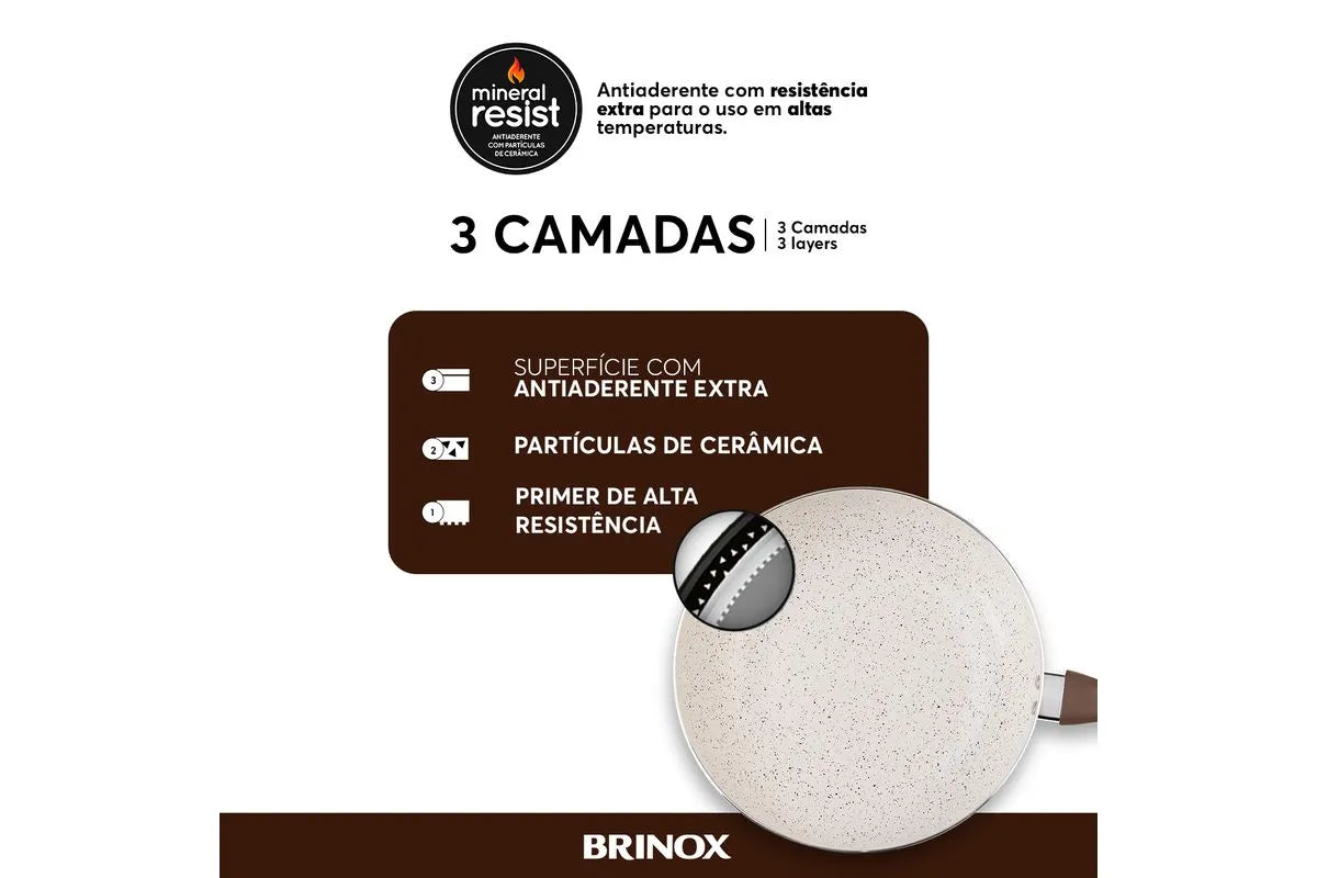 Conjunto de Panelas Brinox 6 Peças Ceramic Life Smart Plus com Revestimento Antiaderente Cerâmico e Tampa de Vidro com Saída de Vapor 2.5 mm Vanilla - Completo