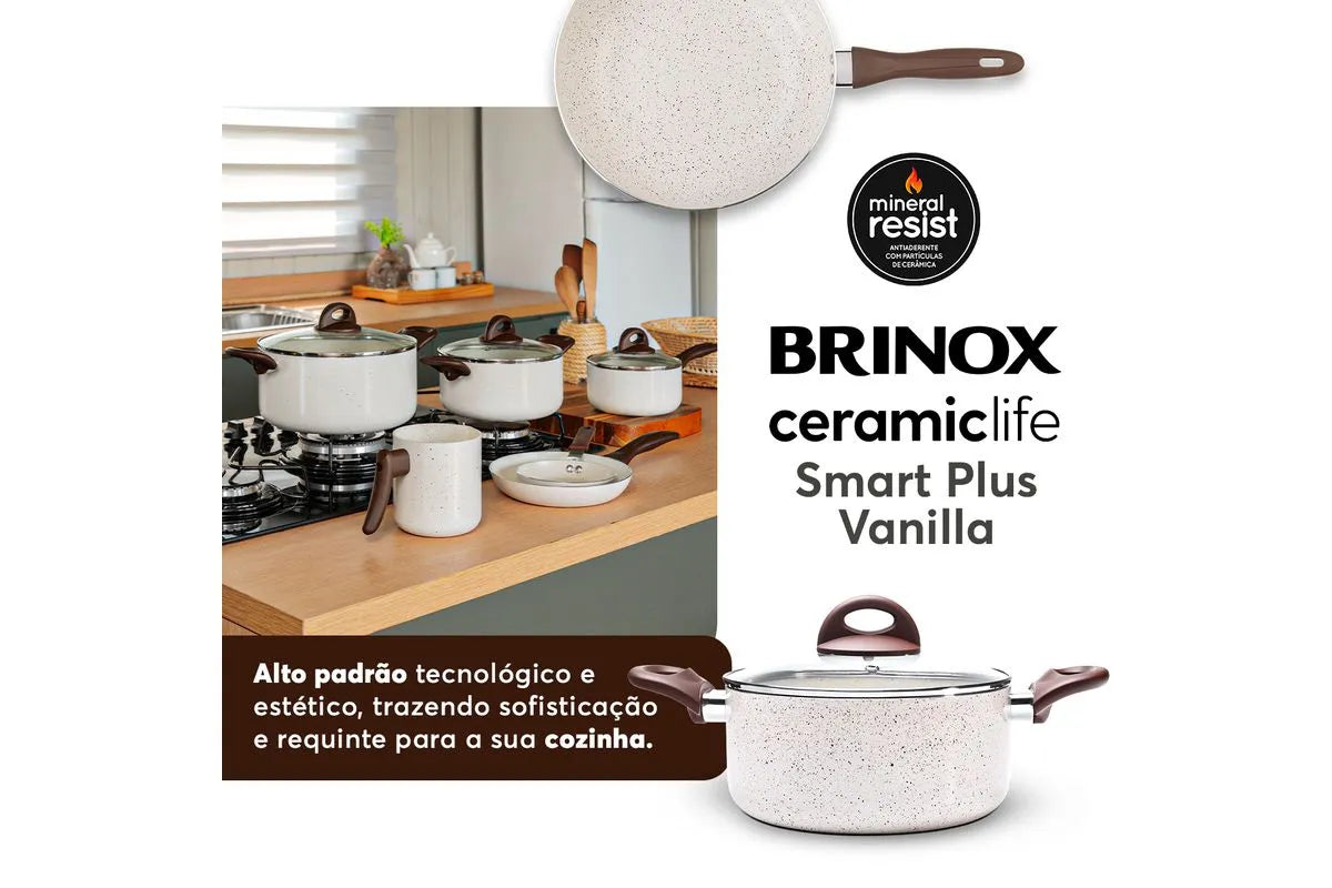 Conjunto de Panelas Brinox 6 Peças Ceramic Life Smart Plus com Revestimento Antiaderente Cerâmico e Tampa de Vidro com Saída de Vapor 2.5 mm Vanilla - Completo