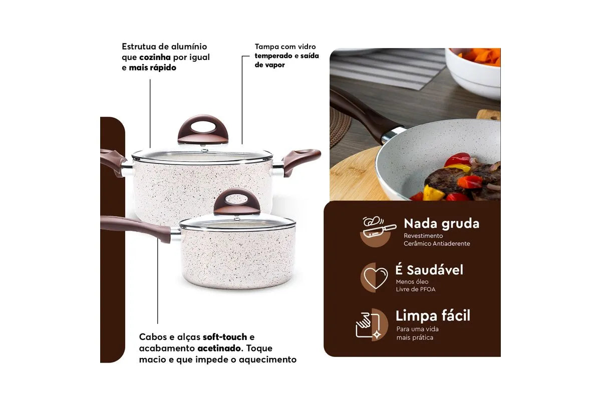 Conjunto de Panelas Brinox 6 Peças Ceramic Life Smart Plus com Revestimento Antiaderente Cerâmico e Tampa de Vidro com Saída de Vapor 2.5 mm Vanilla - Completo