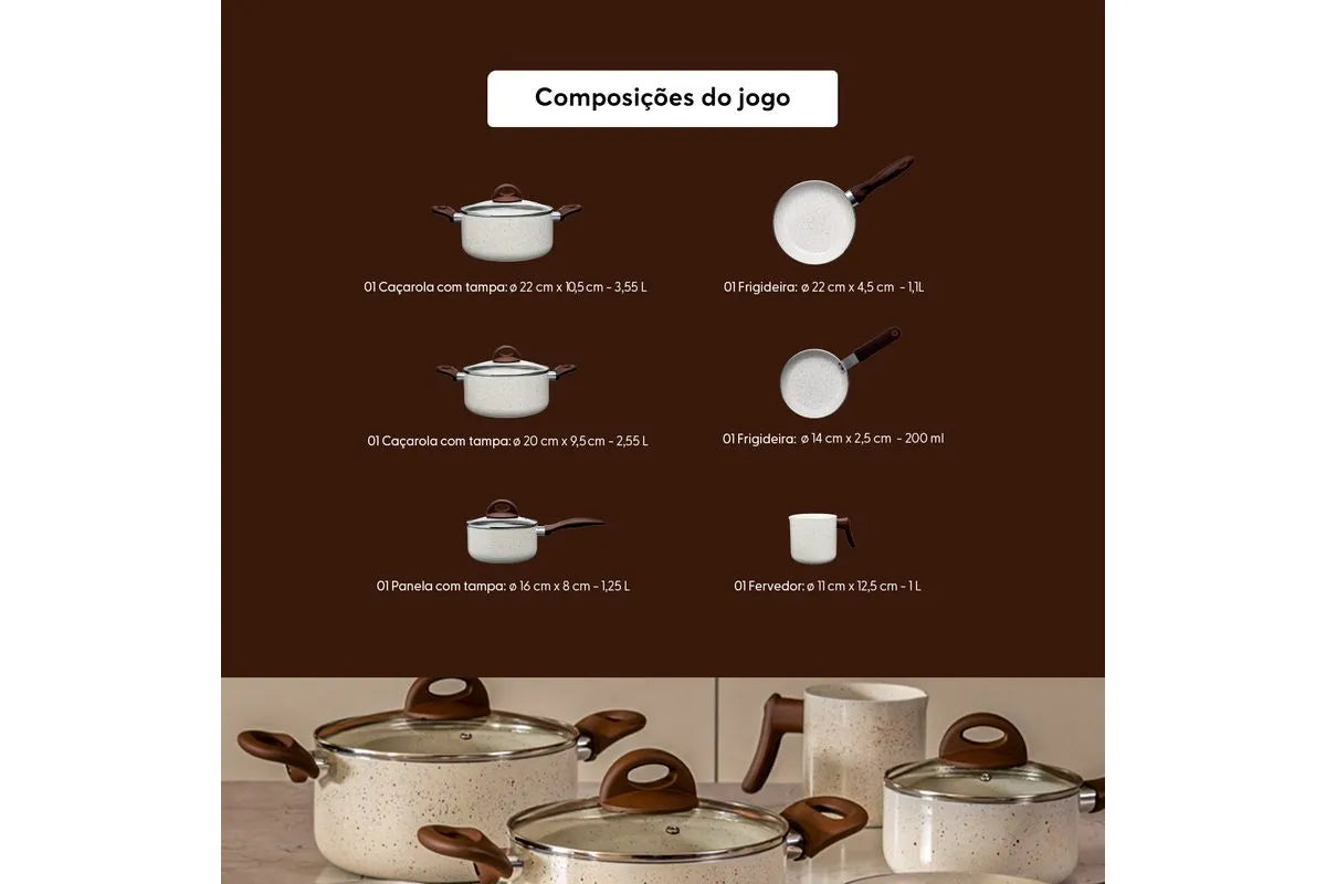 Conjunto de Panelas Brinox 6 Peças Ceramic Life Smart Plus com Revestimento Antiaderente Cerâmico e Tampa de Vidro com Saída de Vapor 2.5 mm Vanilla - Completo