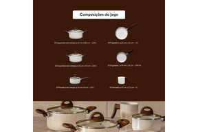 Conjunto de Panelas Brinox 6 Peças Ceramic Life Smart Plus com Revestimento Antiaderente Cerâmico e Tampa de Vidro com Saída de Vapor 2.5 mm Vanilla - Completo